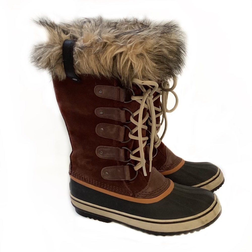 Sorel Joan of Arctic Wool lined Fur Trim Tall Brown Boots. 9